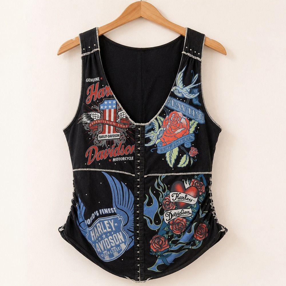 Harley Davidson Biker Core Corset Top Women XL Y2K Grunge Edgy Tattoo Print